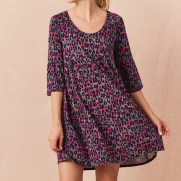 Pact NEW Rainbow Leopard Empire Waist Pocketed 3/4 Sleeve  Knit Mini Dress S - Picture 6 of 9